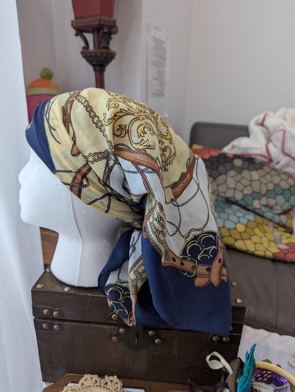 Vintage Square Silky Equestrian Scarf Chains And Straps Pattern Blue And Beige